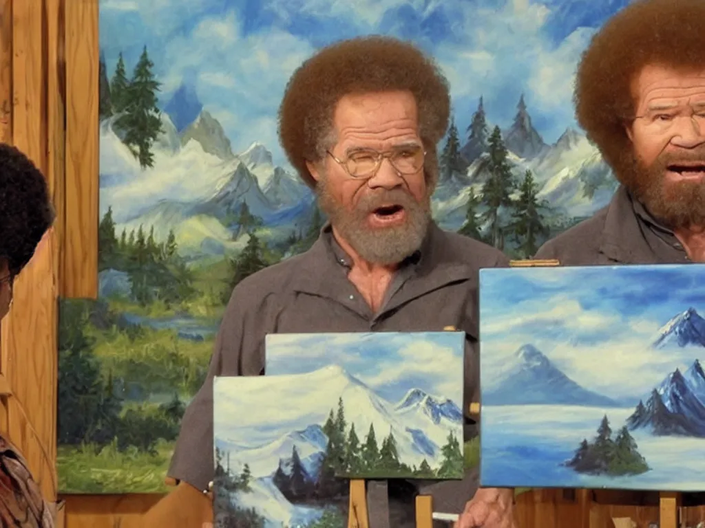 Image similar to old bob ross is sad and angry and yelling at a huge painting by bob ross