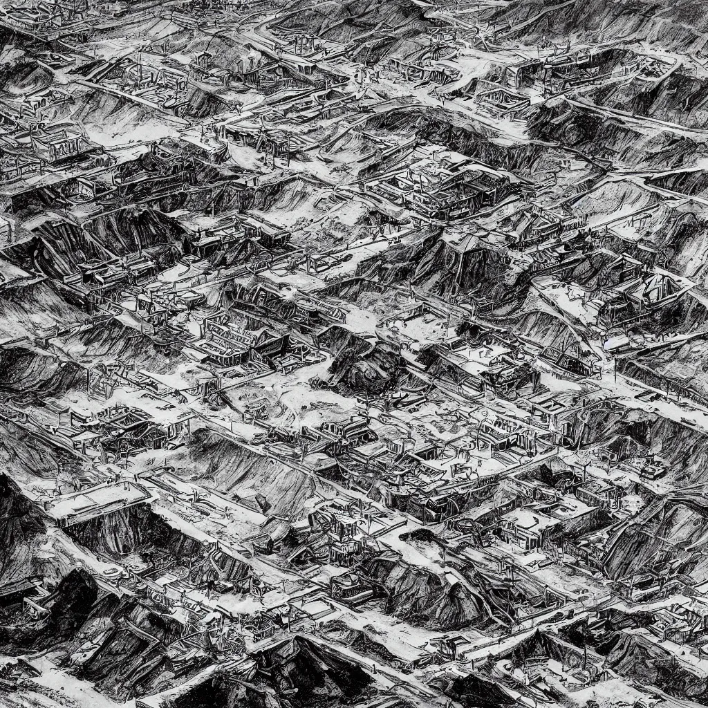 Prompt: mining tailings burying the city of chuquicamata, drawing by piranesi, composition, cinematic, rule, grid