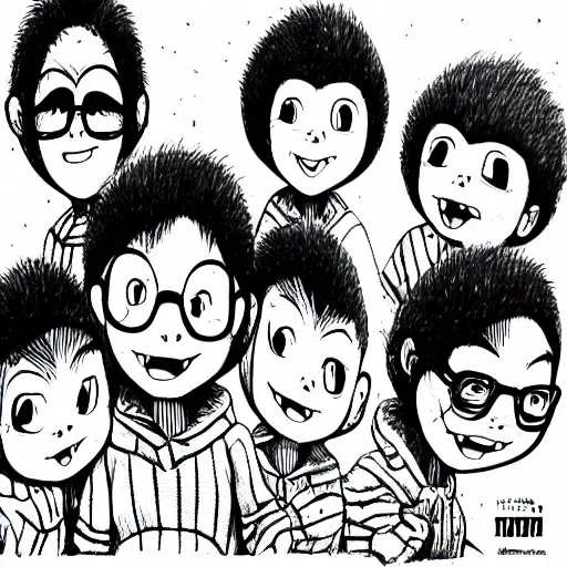 Prompt: black and white illustration of Alvin and the Chipmunks in the style of Junji Ito