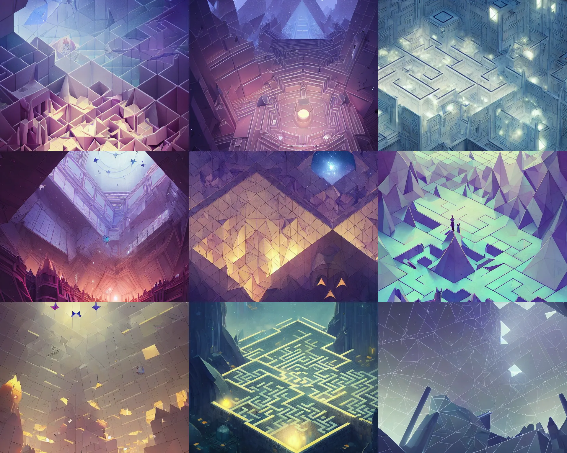 Prompt: queens polygonal maze with giant maze walls and glass ceilings showing the stars, light dust, magnificent, close up, details, sharp focus, elegant, highly detailed, illustration, by Jordan Grimmer and greg rutkowski and PiNe(パイネ) and 薯子Imoko and 香川悠作 and wlop and maya takamura, intricate, beautiful, Trending artstation, pixiv, digital Art