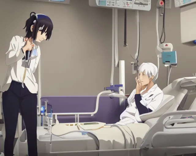 Image similar to a cute young female doctor wearing white coat are talking with a patient in a hospital, slice of life anime, lighting, anime scenery by Makoto shinkai