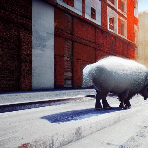 Image similar to a buffalo in the urban streets, cocaine buffalo, covered in white flour, white powder bricks, miami heat colors, south beach colors, 8 k, dynamic lighting, hdr, trending on artstation, ultra detailed, professional illustration, unreal engine