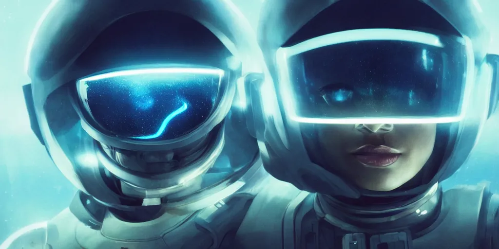 Image similar to one Zoe Kravitz with short hair as a futuristic astronaut, helmet with led lights, alone , underwater in the ocean at night, clear water, volumetric lighting, glowing lights, 4k, octane, digital painting, artstation, concept art, sharp focus, illustration, art by artgerm and greg rutkowski and alphonse mucha , wide angle view,