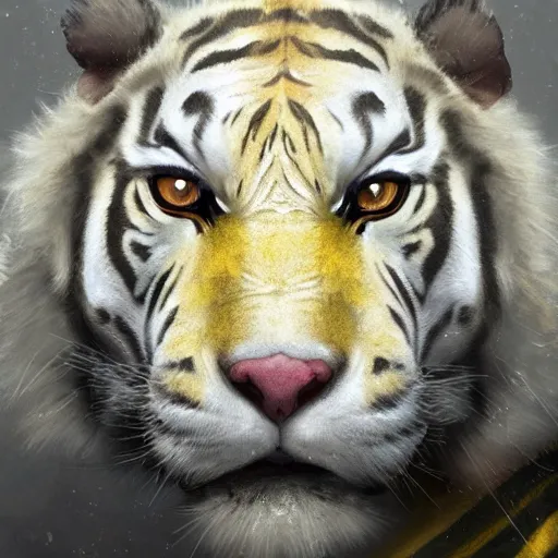 Image similar to a beautfiul award winning aesthetic commission of an antrho albino tiger wearing a yellow-black padded hooded puffer jacket,digital art,art by greg rutkowski,character design by charles bowater,ross tran,photorealistic,detailed face,hyperdetailed,western comic,2021,artstation,deviantart,detailed face