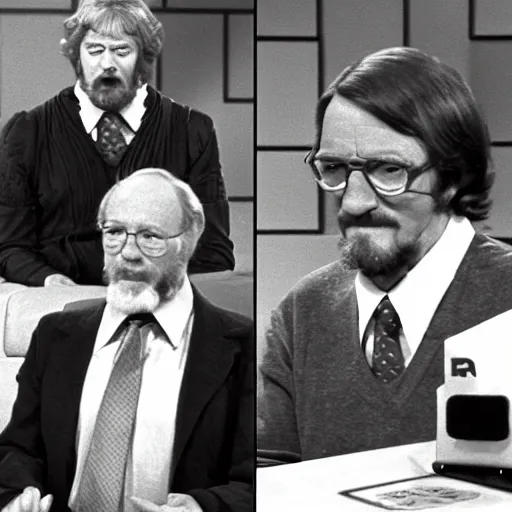 Prompt: stills of theologian John Calvin on the tv game show Match Game (1974)