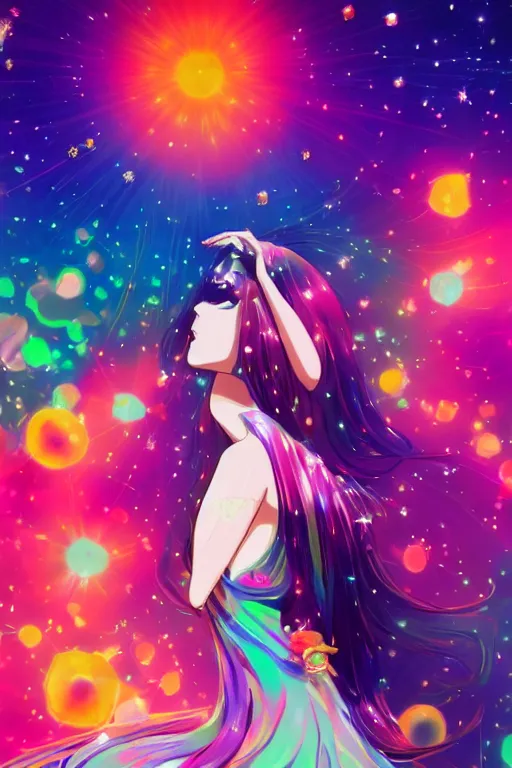Image similar to psychedelic, whimsical, anime, 4k, beautiful intimate woman smoking with professional makeup, long trippy hair, a crystal and flower dress, sitting in a reflective pool, surrounded by gems, underneath the stars, rainbow fireflies, trending on patreon, deviantart, twitter, artstation, volumetric lighting, heavy contrast, art style of Ross Tran and Ilya Kuvshinov