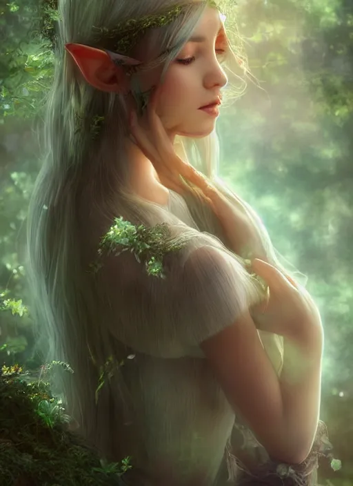 Image similar to beatiful ethereal elf princess in an enchanted forest, 3/4 side view, hair jewellery, fully clothed, light mist, light rays sieving through the trees, shallow depth of field, focus on the face, coherent composition, by Yuumei, by Artgerm, by WLOP