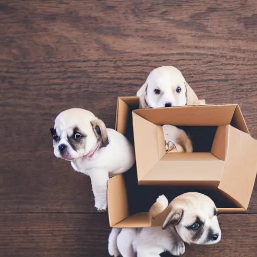 Image similar to an open cardboard box on a wooden floor filled with puppies, top view, dslr photo