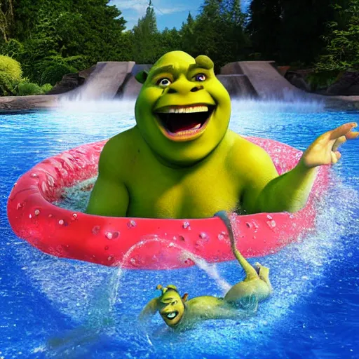 Image similar to shrek in a water slide, realistic photo, hyperrealistic