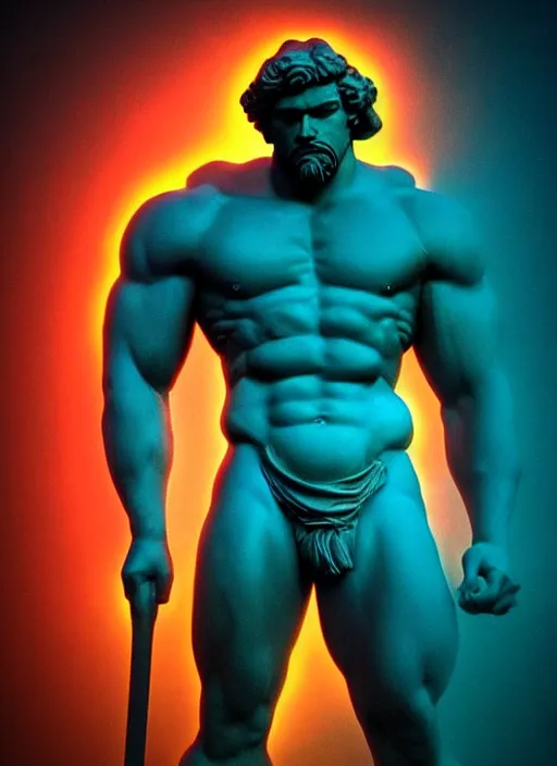 Prompt: statue of hercules looking angry, beeple, vaporwave, retrowave, black background, neon, black, glitch, strong contrast, neon wiring, cuts, american gods intro, pinterest, trending on artstation