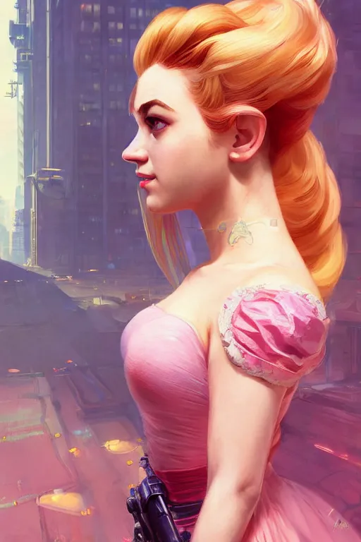 Image similar to gta 5 princess peach profile picture by greg rutkowski, dynamic pose, intricate, futuristic, fantasy, elegant, by stanley artgerm lau, greg rutkowski, thomas kindkade, alphonse mucha, loish, norman rockwell, fantasy lut, asymmetric, long hair, retro computer graphics, video game, fluid lines,