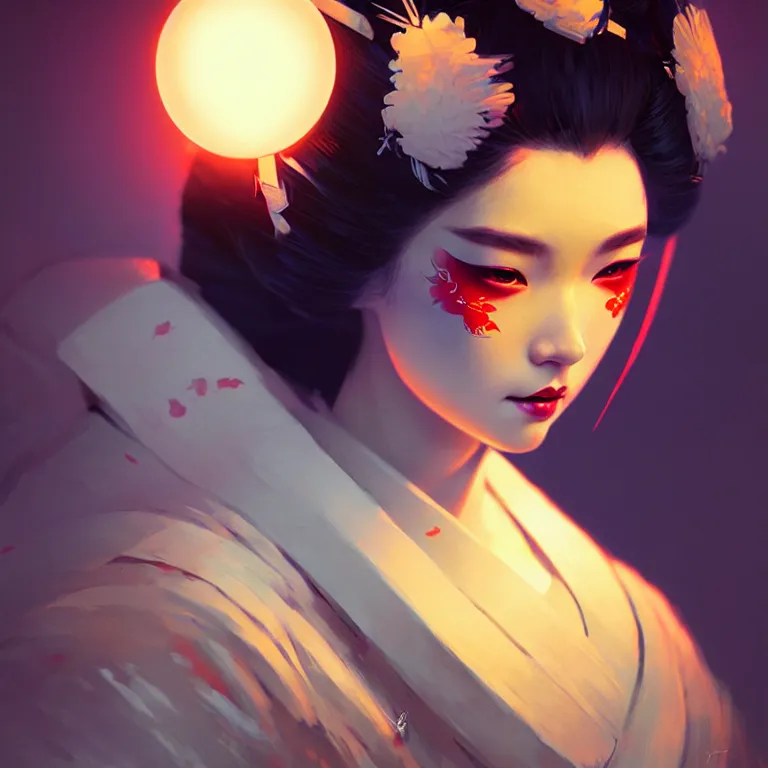 Image similar to pretty geisha, d & d digital painting, ultra realistic, beautiful, volumetric lighting, cell shading, by james jean, greg rutkowski, wlop