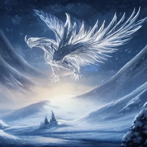 Image similar to Majestic Frost Phoenix in a snowy landscape, magic, epic, fantasy, artstation