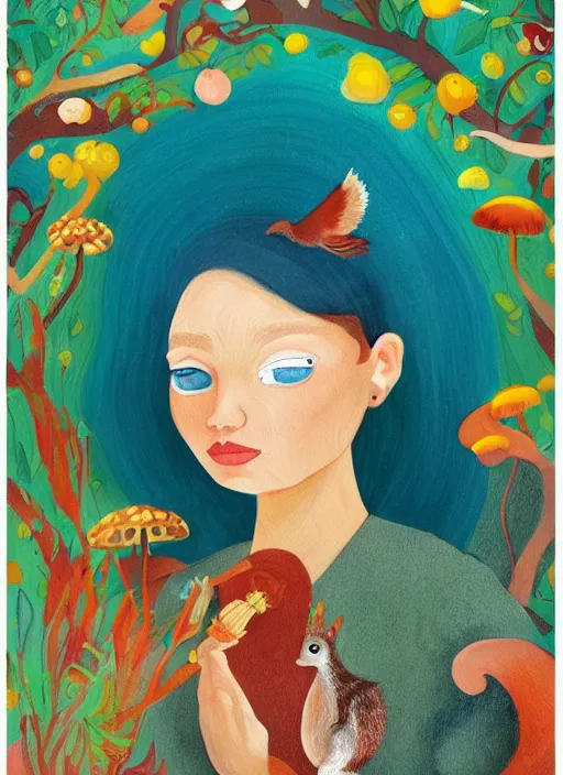 Image similar to a wonderful childrens illustration book portrait painting of a woman, art by tracie grimwood, colorful, mushrooms, birds, squirrel, whimsical, aesthetically pleasing and harmonious natural colors