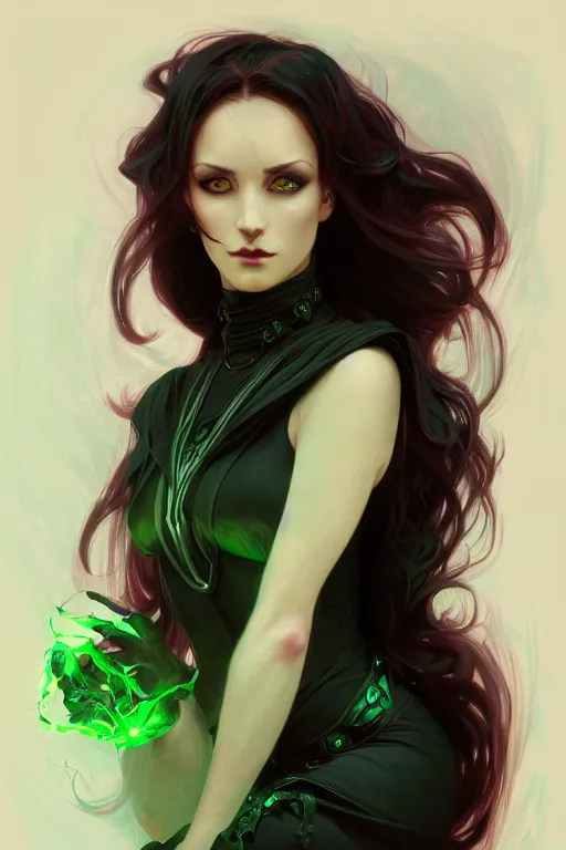 Image similar to portrait of a dark fantasy seductive female necromancer, stylish black dress, green eyes, long red hair, fantasy, elegant, intricate, full frontal shot, highly detailed, digital painting, artstation, concept art, sharp focus, illustration, art by artgerm and greg rutkowski and alphonse mucha