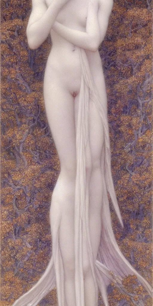 Prompt: Say who is this with silver hair so pale and Wan and thin? Beautiful feminine angel in the style of Jean Delville, Lucien Lévy-Dhurmer, Fernand Keller, Fernand Khnopff, single figure, oil on canvas, 1896, 4K resolution, aesthetic, mystery