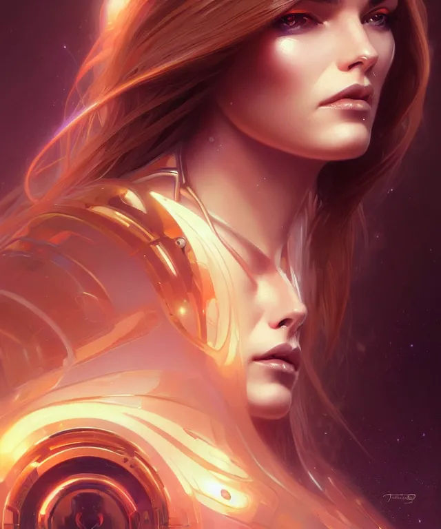 Image similar to futuristic woman portrait, sci-fi, amber eyes, face, long hair, fantasy, intricate, elegant, highly detailed, digital painting, artstation, concept art, smooth, sharp focus, illustration, art by artgerm and greg rutkowski and alphonse mucha