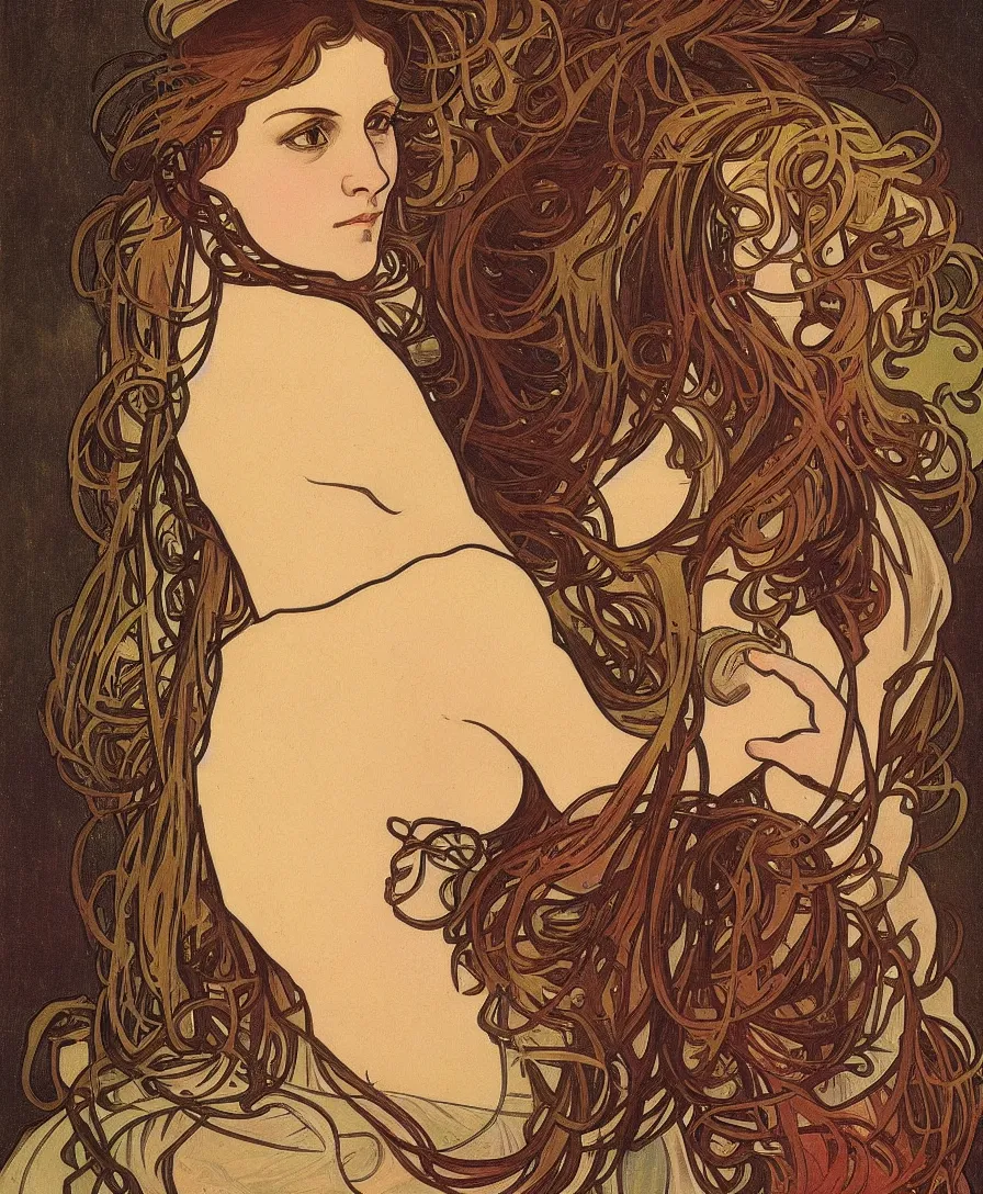 Image similar to portrait by Alphonse Mucha in the style of Davinci