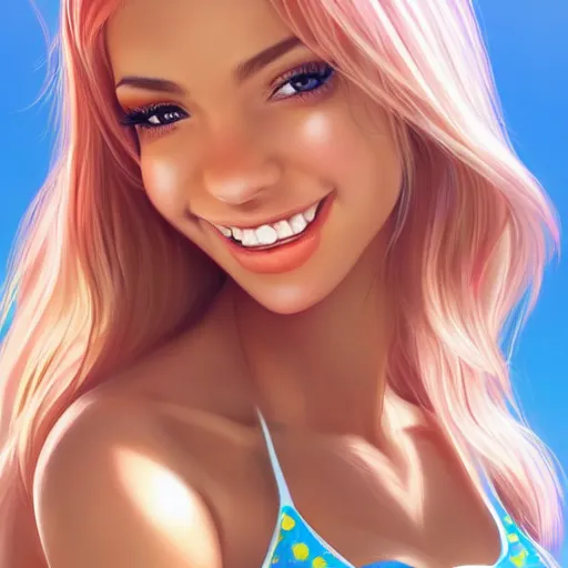 Image similar to very beautiful female swimsuit model, smiling, flirty, eye contact, perfect face, perfect body, drawn by artgerm