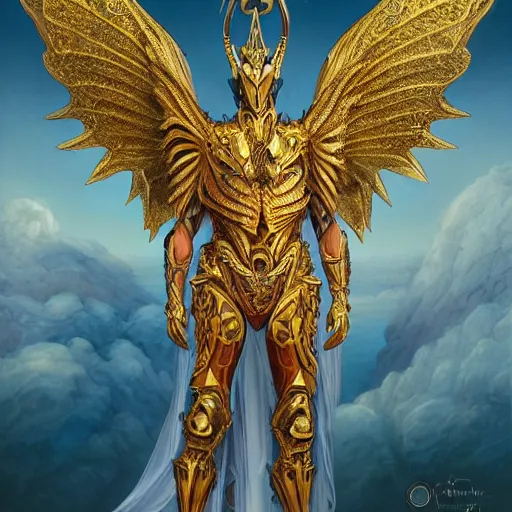 Image similar to a symmetrical muscular full body wearing a dragon armor with wings made of golden ornaments and gems, by alex gray and android jones , Karol Bak, Ayami Kojima, Amano , concept art, character design, fantasy,3D, 8k resolution