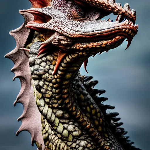 Image similar to portrait of a dragon ,fantasy , EOS R5, f/2.8, HDR, photo realism , natural light, medium close shot, dynamic pose, award winning photograph, Michelangelo style