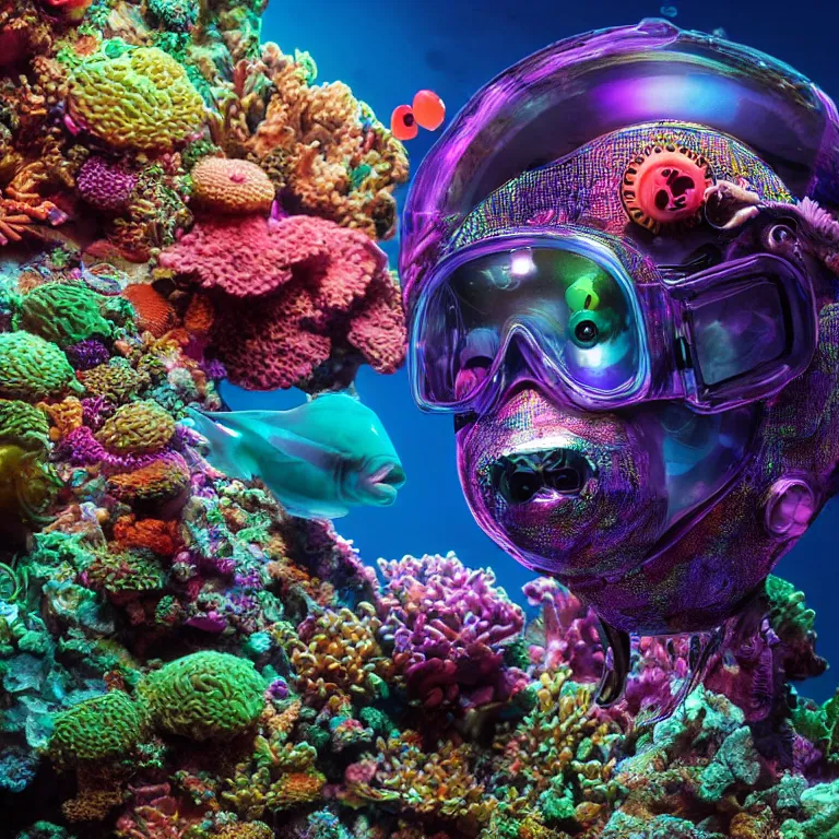 Prompt: octane render portrait by wayne barlow and carlo crivelli and glenn fabry, subject is a shiny reflective psychedelic colorful black ops scuba diver with small dim lights inside helmet, surrounded by bubbles inside an exotic alien coral reef aquarium full of exotic fish and sharks, cinema 4 d, ray traced lighting, very short depth of field, bokeh