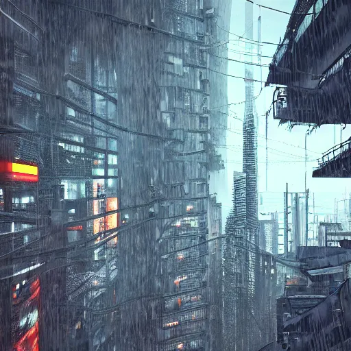 Prompt: a giant skyscraper amidst a slum, raining, cyberpunk style, photorealistic, bird's eye view