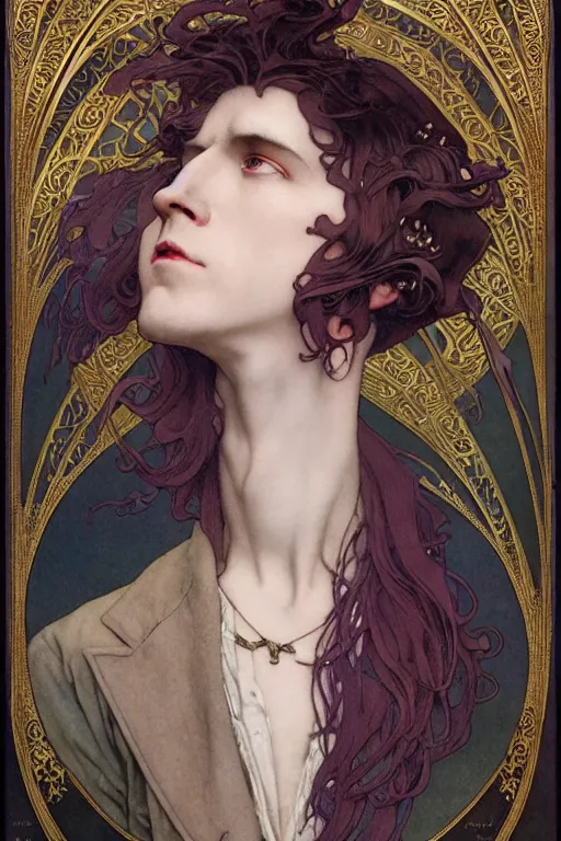 Image similar to edmund dulac, leyendecker, highly detailed portrait, a beautiful androgynous sebastian michaelis, long hair, tall and thin, wearing several pendants, art nouveau, stephen bliss, unreal engine, by greg rutkowski, loish, ferdinand knab, ilya kuvshinov, rossdraws, tom bagshaw, alphonse mucha, global illumination, radiant light