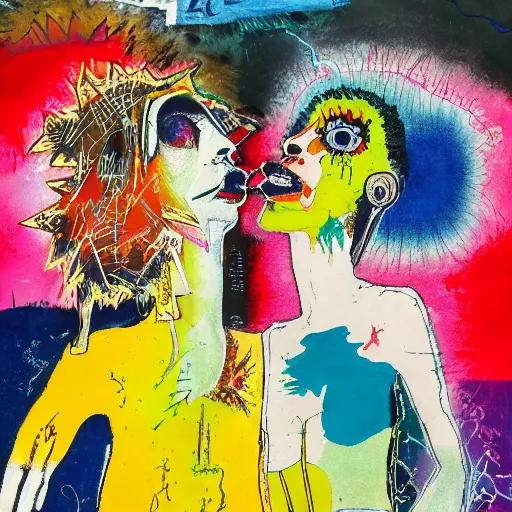 Prompt: watercolor painting of two bizarre psychedelic punk women kissing each other closeup in a vortex in japan, speculative evolution, mixed media collage by basquiat and jackson pollock, maximalist magazine collage art, sapphic art, lesbian art, chemically damaged