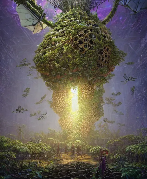 Image similar to a giant weird industrial plant hive made out of isopod dragonflies, in the style of a strange asymmetrical spaceship, overgrown with disturbing orchids, godbeams, partly cloudy, somber, dramatic lighting, by dan mumford, yusuke murata, makoto shinkai, ross tran, cinematic, unreal engine, cel shaded, featured on artstation, pixiv