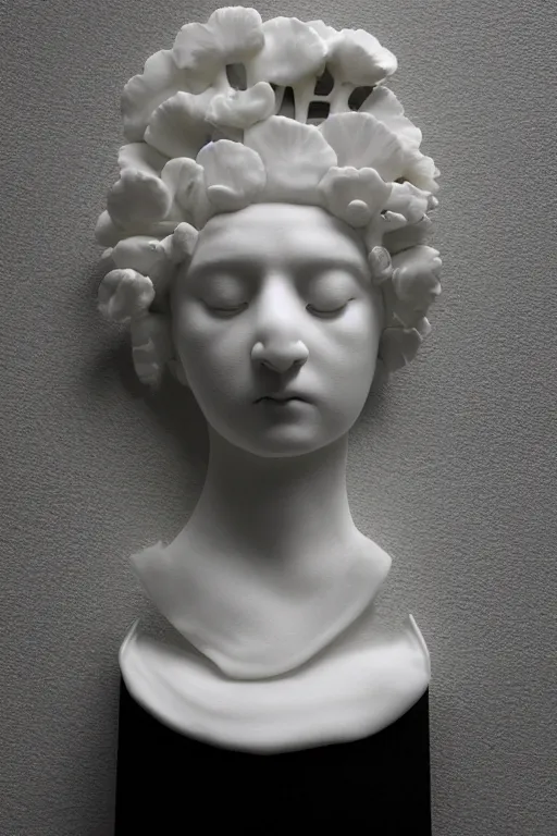 Image similar to full head and shoulders, beautiful female porcelain sculpture by daniel arsham and raoul marks, smooth, all white features on a white background, delicate facial features, twenty black eyes, white lashes, detailed white 3 d giant poppies on the head