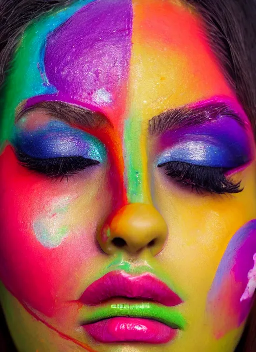 Image similar to close up of a person's face with colorful makeup, an ultrafine detailed painting by paul bodmer, featured on unsplash, neo - fauvism, vivid colors, unsplash hd, fauvism