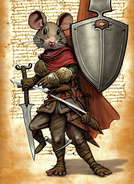Prompt: a heroic mouse knight with sword and shield on a parchment background, redwall, greg rutowski and jean baptiste monge, detailed, epic fantasy concept art