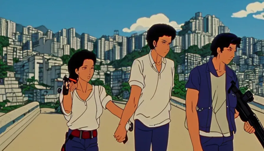 Image similar to 1 9 8 6 movie screencap of a couple with a gun on a rio de janeiro, gucci clothes, studio ghibli sky, beautiful favela background extremely utra high quality artwork 8 k