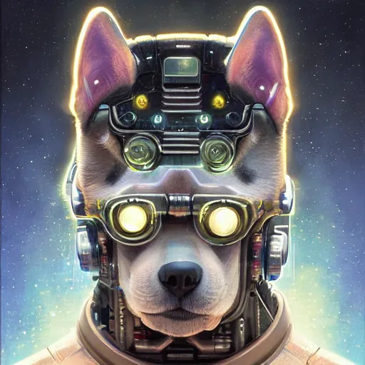 Image similar to tesla power armor realistic cyborg anthropomorphic shiba inu scifi kirlian photography electric field glowing, cyberpunk, portrait art by donato giancola and greg rutkowski, realistic face, glowing in tesla electricity visible magnetic field, digital art, trending on artstation, symmetry