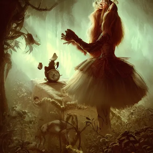 Image similar to alice in wonderland, high detail, dramatic light, digital art, chiaroscuro, painted by seb mckinnon and greg rutkowski, trending on artstation