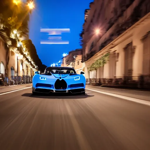 Prompt: High quality DSLR photo of a blue convertible Bugatti Chiron driving in the streets of Monaco at night, warm lighting, long shadows, beams of sunlight