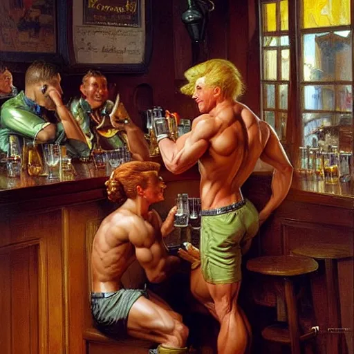 Image similar to attractive muscular aliens with brunet hair and attractive muscular alien with blond hair. pants and shorts, drinking their hearts out, in a pub. very defined and detailed painting by j. c. leyendecker, gaston bussiere, craig mullins 8 k