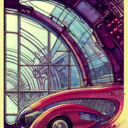 Image similar to ( ( ( ( ( 1 9 5 0 s retro future intricate machine spaceship large window. muted colors. art nouveau ) ) ) ) ) by jean baptiste monge!!!!!!!!!!!!!!!!!!!!!!!!! chrome red