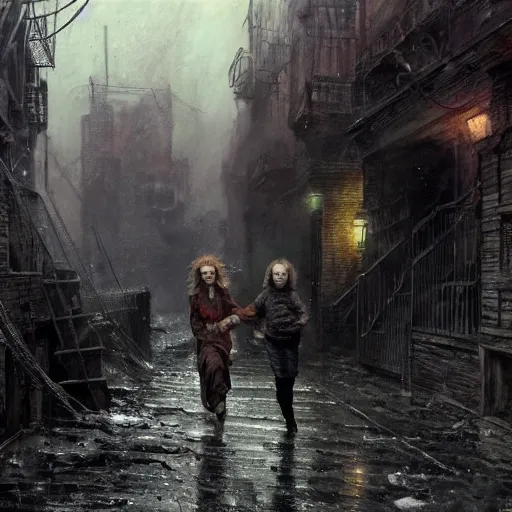 Image similar to sadie sink runs desperately | a mechanical monstrosity chases sadie sink | alleyway near decaying tenements. concept art for scifi dystopian film. by nikolay makovsky, bob byerley, wadim kashin, andrea kowch. cinematic moody atmosphere, detailed and intricate, perfect anatomy