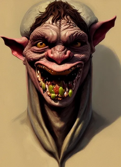 Image similar to face portrait of a medieval goblin eating cakes, beautiful face, hyper realistic, highly detailed, digital painting, artstation, illustration, concept art by hyung tae and frank frazetta, digital paint, matte paint, washed colors, dark, gloomy