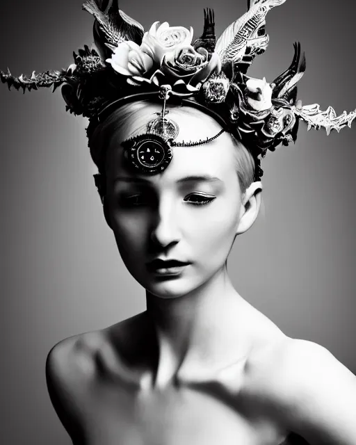 Prompt: a black and white high quality dreamy photo of a young beautiful female queen-silver dragon-vegetal-flower-cyborg bust with a very long cyborg neck and a steampunk flower crown, elegant, highly detailed, poetic, soft, dreamy, mysterious, high fashion, in the style of Horst P. Horst, Metropolis, Realistic, Refined, Digital Art, Highly Detailed, Cinematic Lighting, rim light, black and white, photo-realistic, 8K