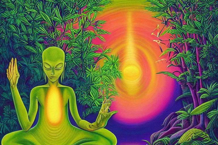 Image similar to painting of a tranquil alien meditating in lush forest by alex grey, acrylic art, ethereal, soothing, somber, elegant, soft light,