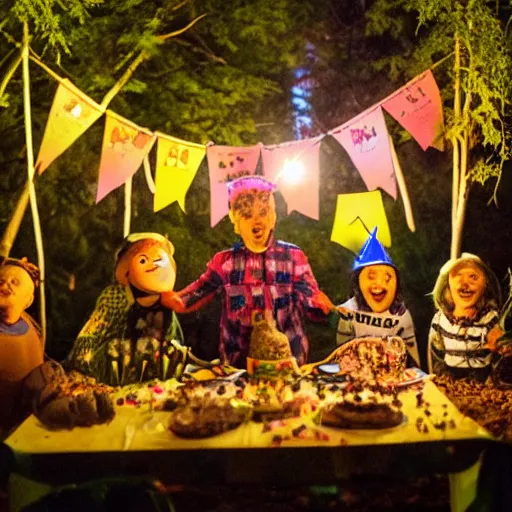 Image similar to photo of toad birthday party in the woods at night