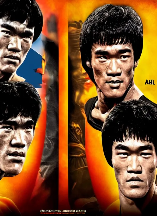 Image similar to Film poster Arnold Schwarzenegger VS Bruce lee , faces look at each other, detailed and realistic, 4k, filmic render