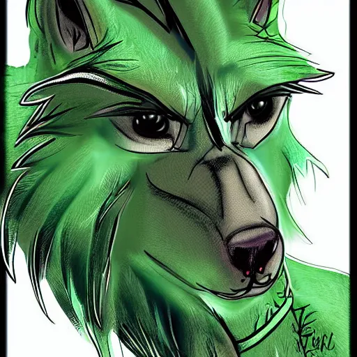 Prompt: Beautiful digital painting of an anthro anthropomorphic pastel-green wolf, Punk outfit. Western comic book style, inked, cute, cozy