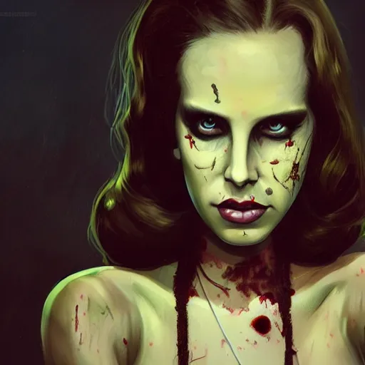 Image similar to slim and beautiful lana del rey as a zombie, 7 days to die zombie, gritty background, fine art, award winning, intricate, elegant, sharp focus, cinematic lighting, digital painting, 8 k concept art, art by michael hussar, art by brom, art by guweiz and z. w. gu, 8 k