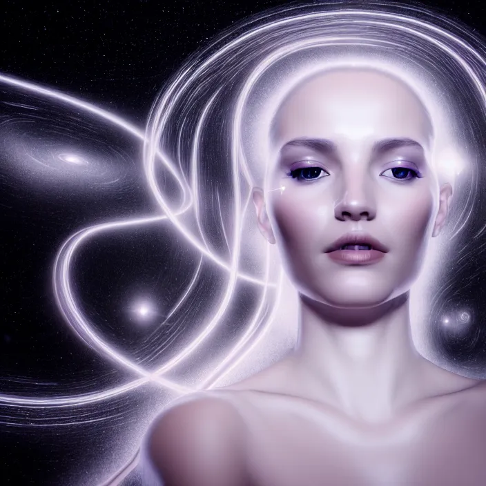 Image similar to a beautiful female goddess portrait, in a flowing white gown, entwined by light frequencies and wiring, octane render, floating in the universe, surrounded by stars and black holes, darkly surreal, light shining through, hyper - realistic, highly detailed, sharp focus, smooth, intricate