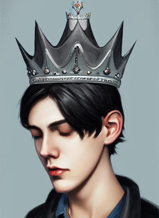 Image similar to portrait of teenage jughead jones wearing a light grey crown, photorealistic, crown, eyes closed, crown, black hair, intricate, elegant, glowing lights, highly detailed, digital painting, artstation, concept art, smooth, sharp focus, illustration, art by wlop, mars ravelo and greg rutkowski