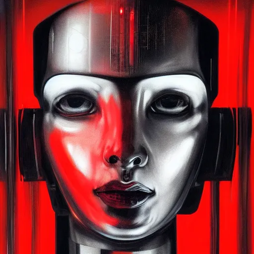 Prompt: cyberpunk human robot, scary, menacing, red and black and white, varnished painting, visible canvas, highly reflective, realistic reflections, realistic lighting, glossy, realistic